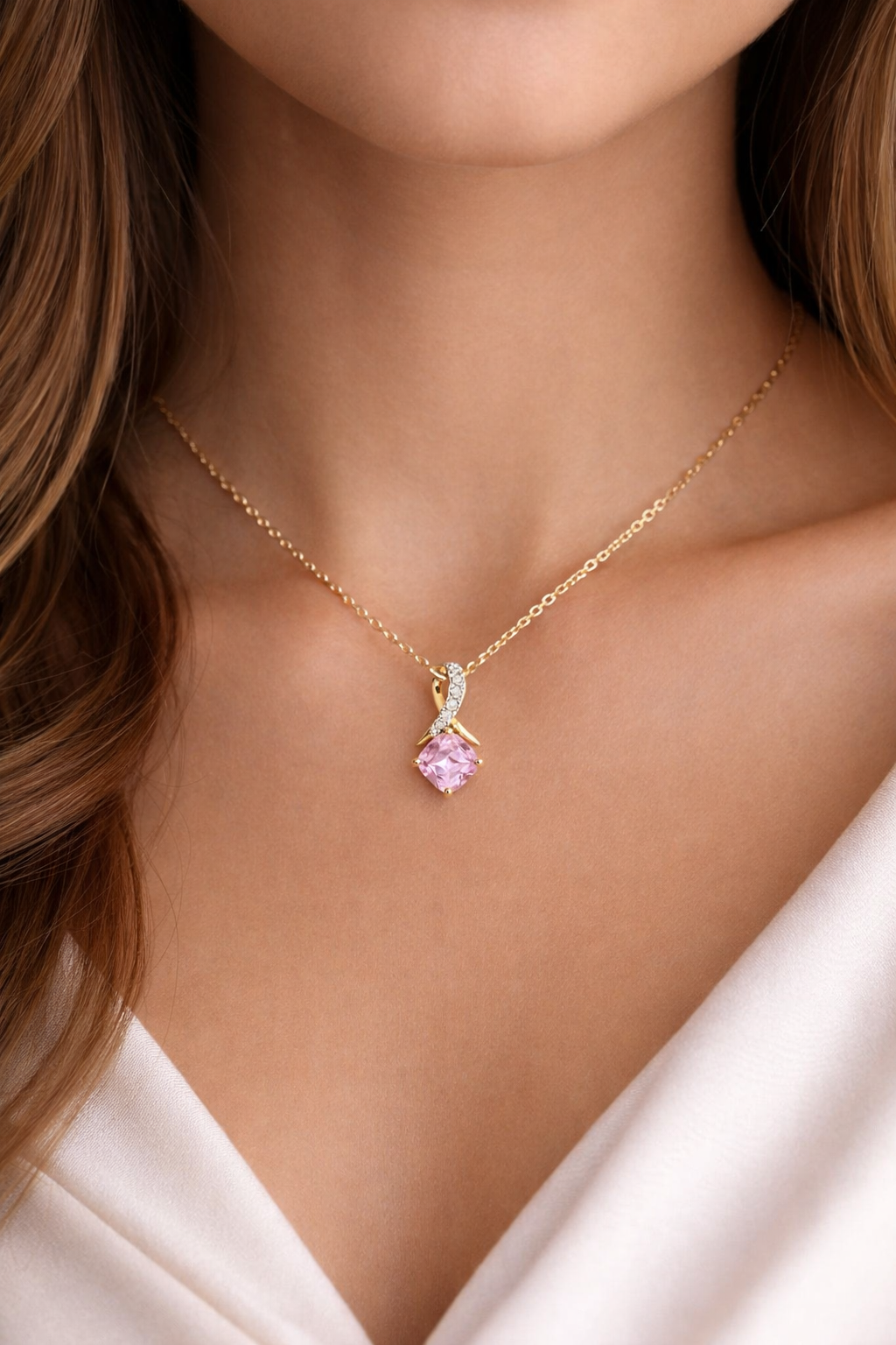 Pink Sapphire Cushion Pendant Diamond Kiss Solid Yellow Gold 18" 46cm Chain