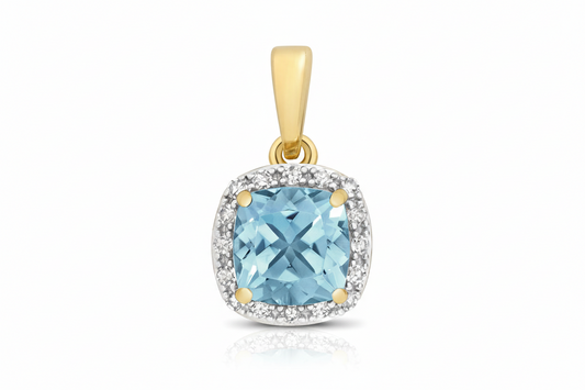 Blue Topaz and Diamond Pendant 9ct Yellow Gold Cushion Halo Necklace Real Stones