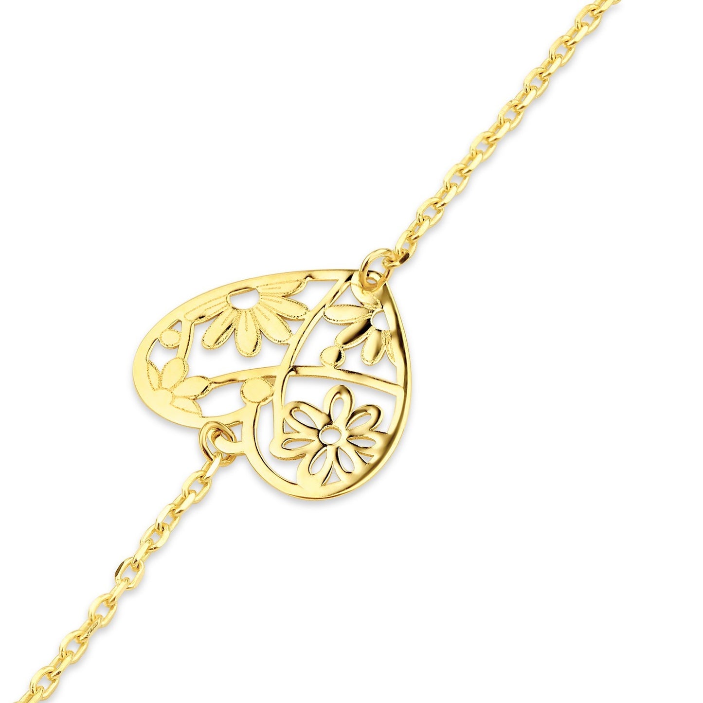 Floral Heart Gold Chain Bracelet 9ct Yellow Gold 375 Hallmark 17.5-19cm