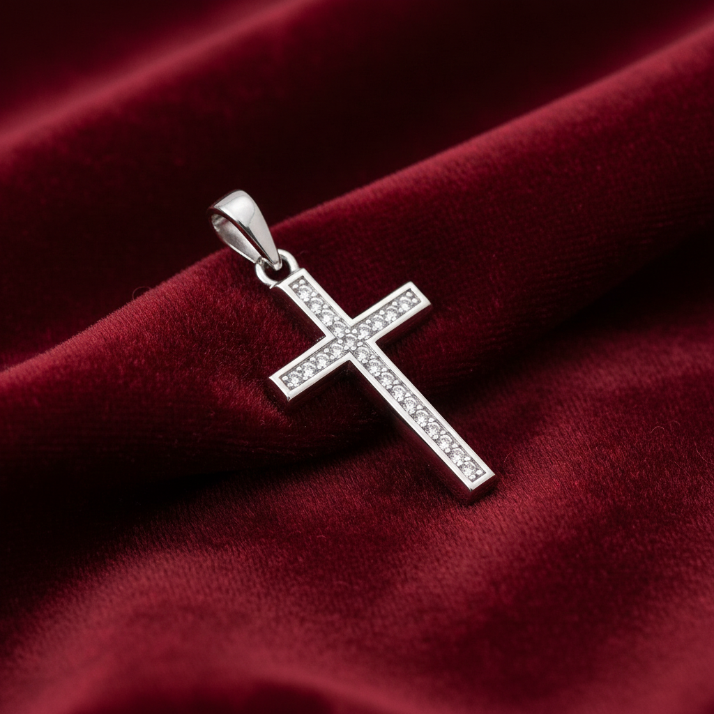 Sterling Silver Gemstone Cross Pendant 925 Hallmark 27mm Rhodium Finish