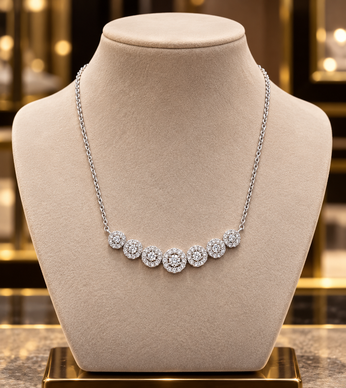 18ct White Gold Diamond Necklace 0.50ctw Halo Cluster Bar Design