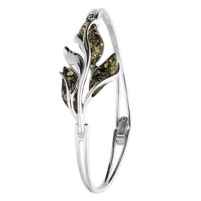 Green Amber Leaf Bud Bangle Solid Sterling Silver Hallmarked