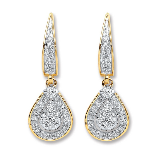 9ct Yellow Gold Pear Drop 0.25ct Diamond Earrings 24mm Length Hallmarked