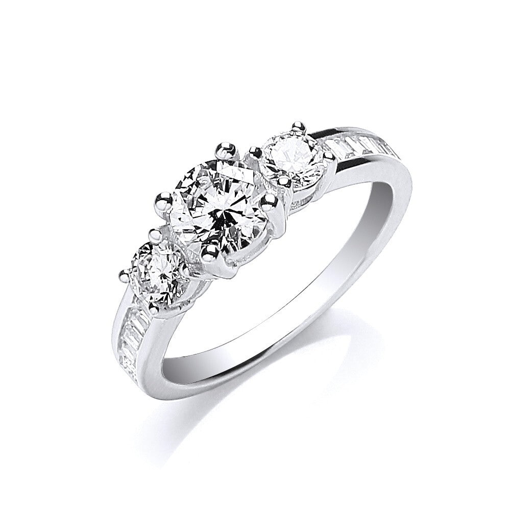 Sterling Silver Trilogy Ring Round Brilliant Cut with Baguettes on Shoulders