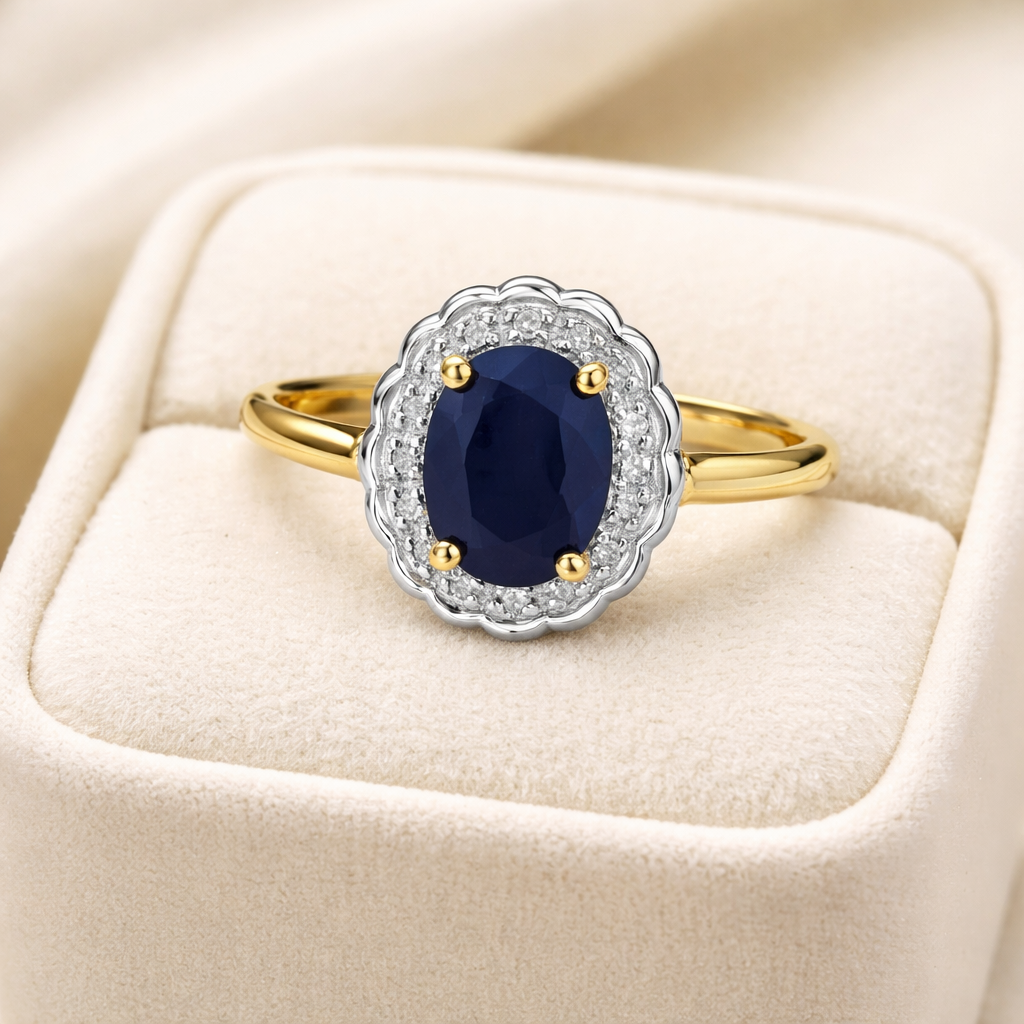 9ct Yellow Gold Sapphire and Diamond Ring Oval Cluster Size JKLMNOPQ