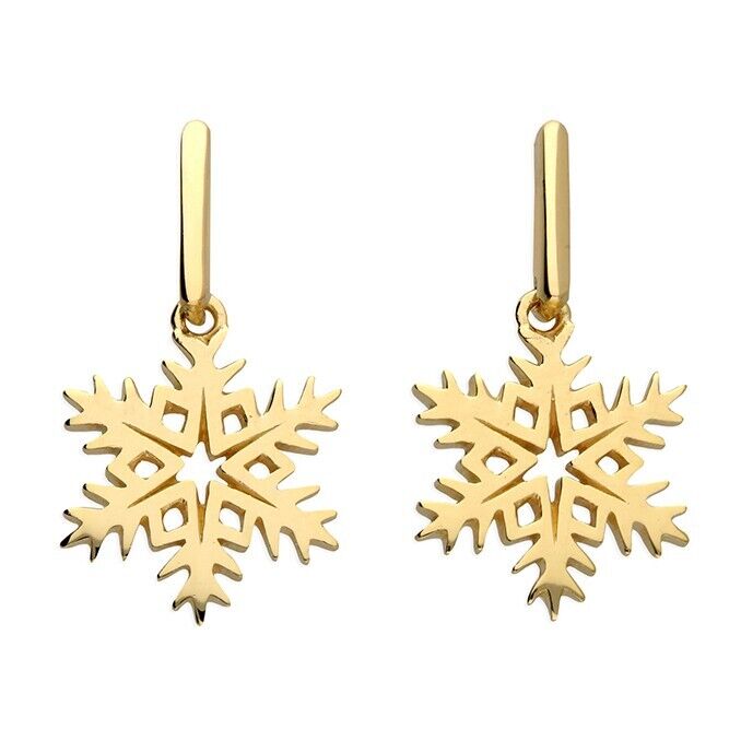 Christmas Snowflake Stud Drop Earrings 18ct Gold on Solid 925 Sterling Silver