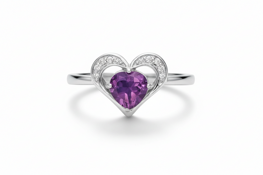 Amethyst and Diamond Ring Heart Solid Sterling Silver Ladies