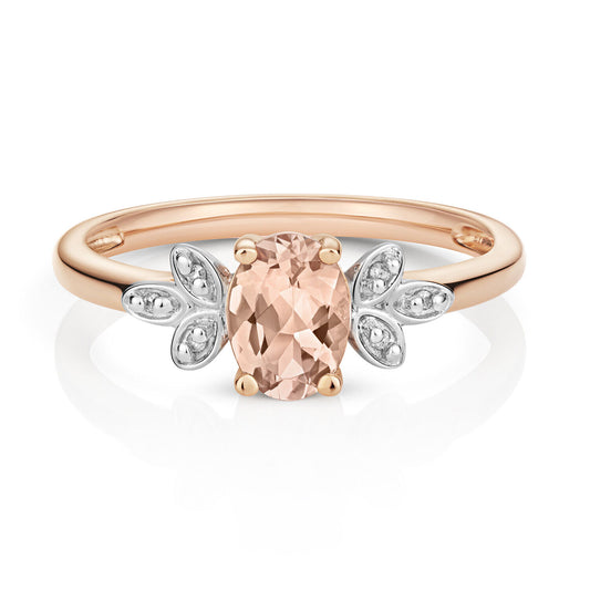 Real Morganite and Diamond Ring Leaf Design Shoulders 9ct Rose Gold Size J - Q