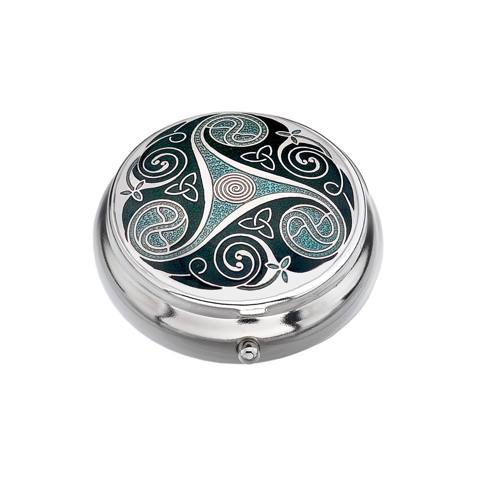 Pillbox Silver Plated Celtic Triskele Durrow Green Brand New and Boxed