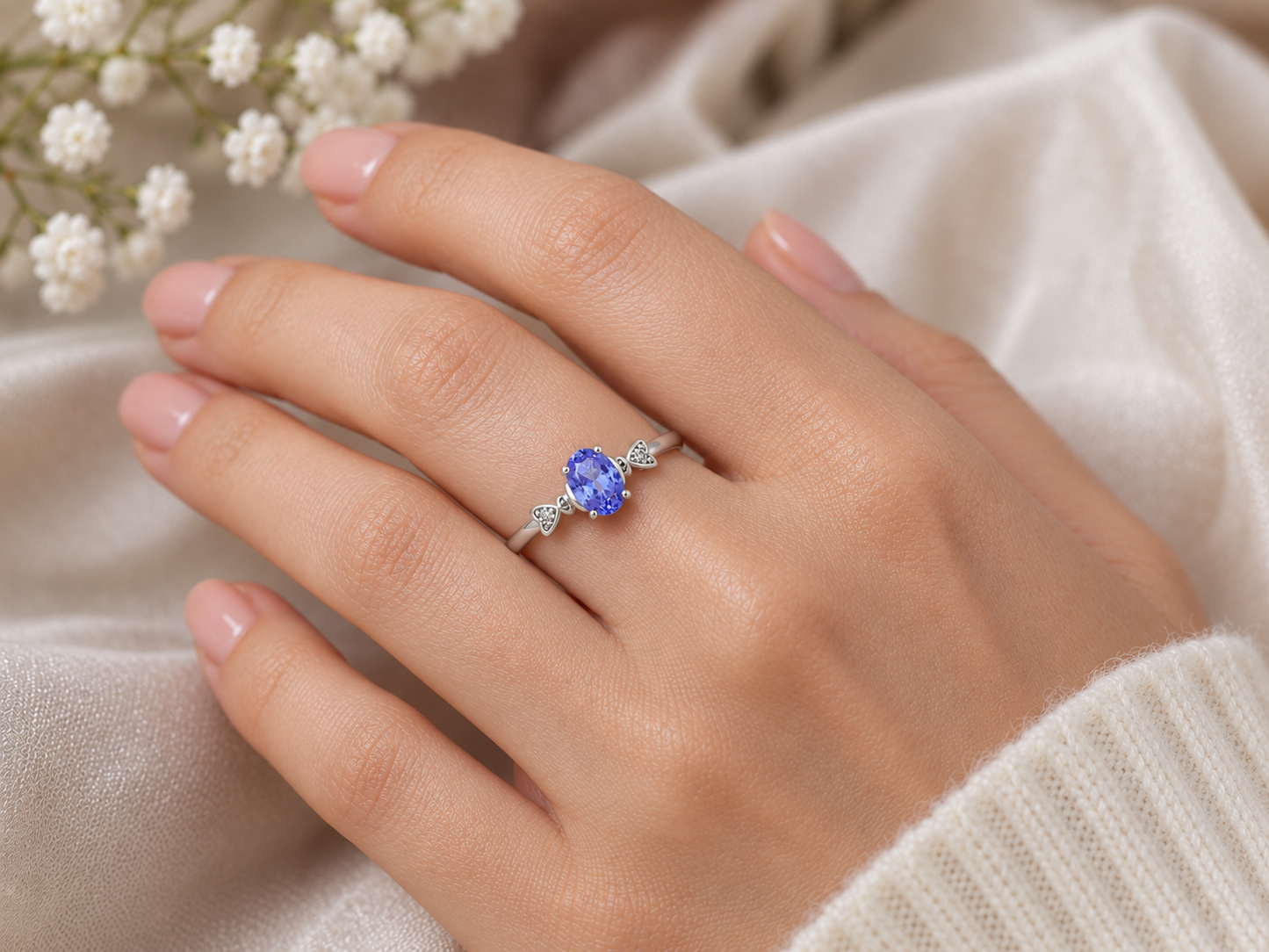 Natural Oval Blue Tanzanite & Diamond Heart Accent Ring White Gold Size JKLMNOPQ