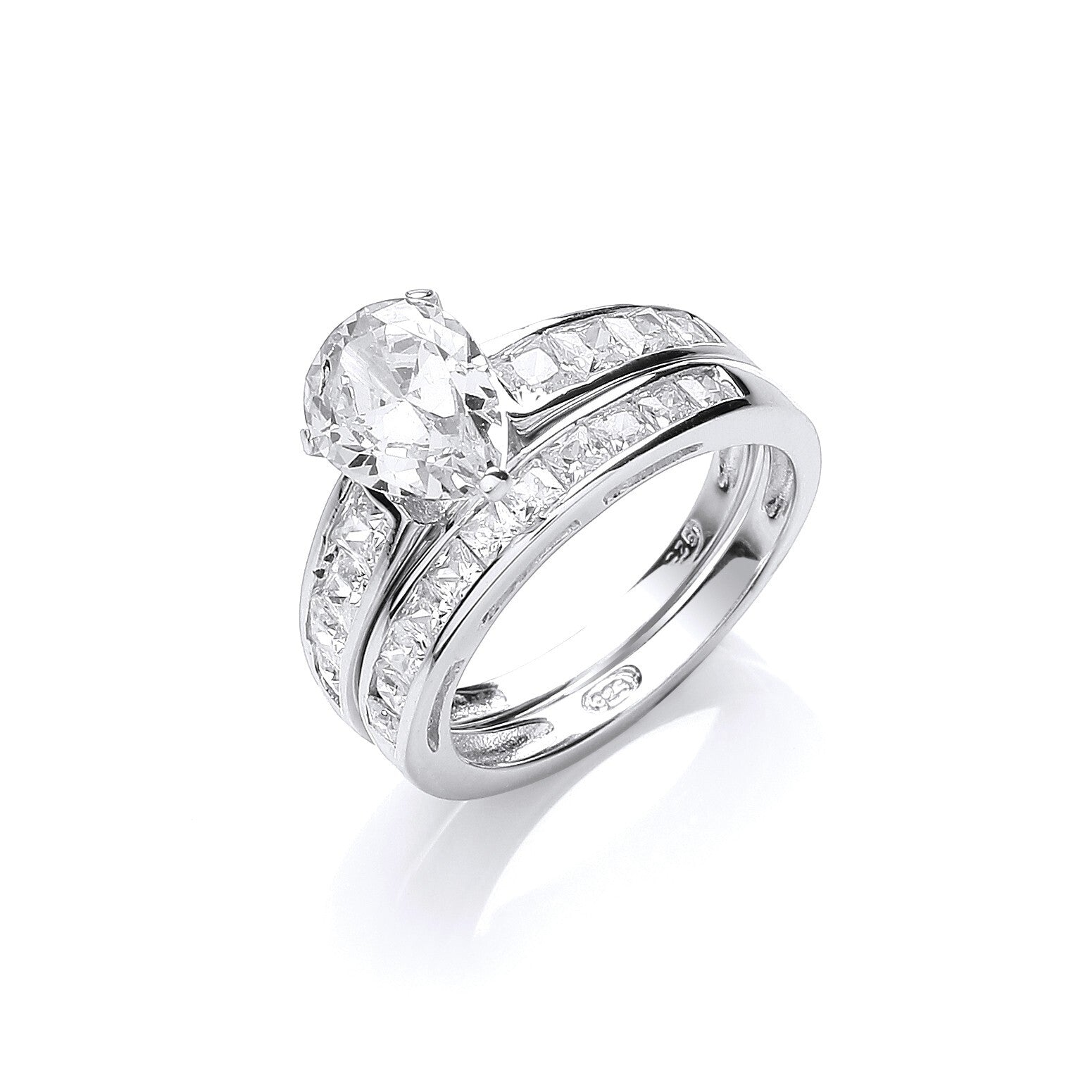Sterling Silver Bridal Set Pear Solitaire With Half Eternity Ring 925 Stamp