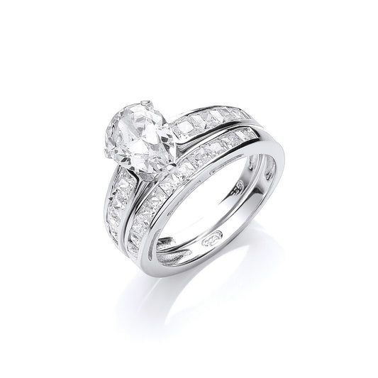 Sterling Silver Bridal Set Pear Solitaire With Half Eternity Ring 925 Stamp