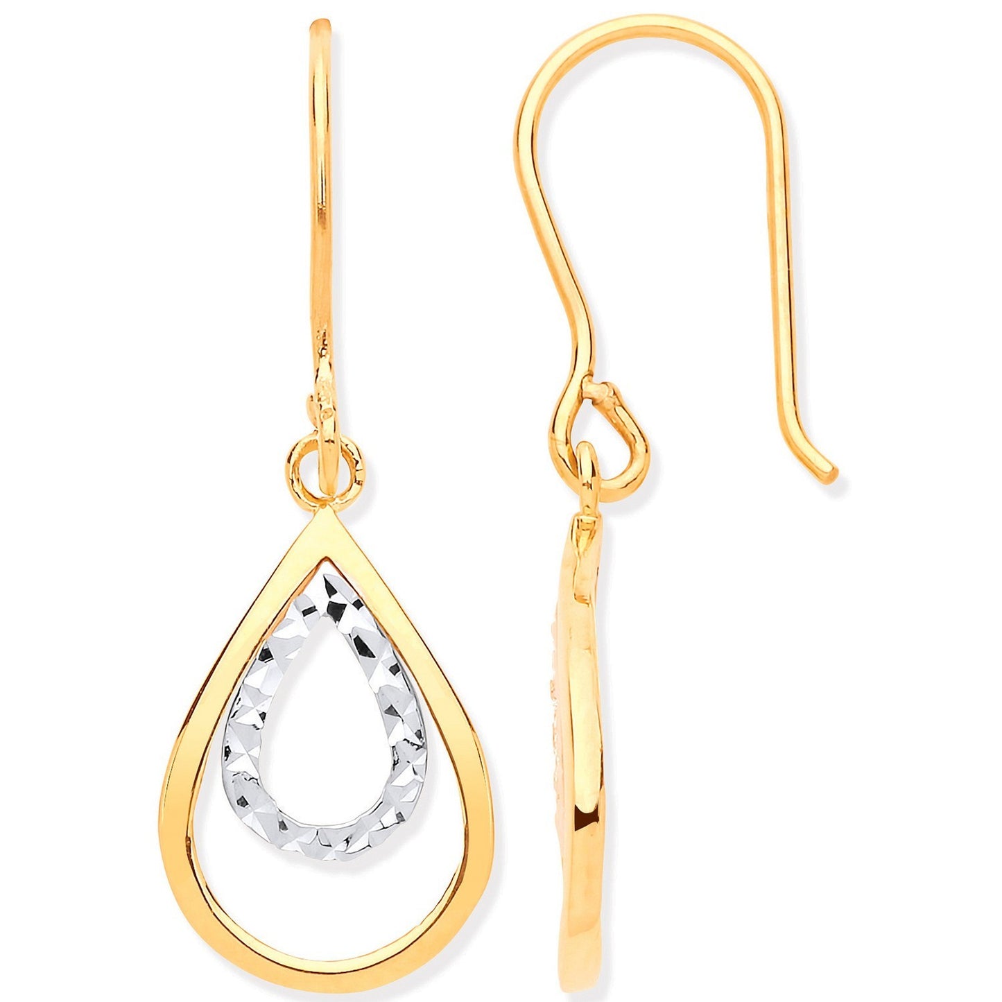 Double Teardrop Drop Earrings 9ct Yellow and White Gold Drops Hallmarked