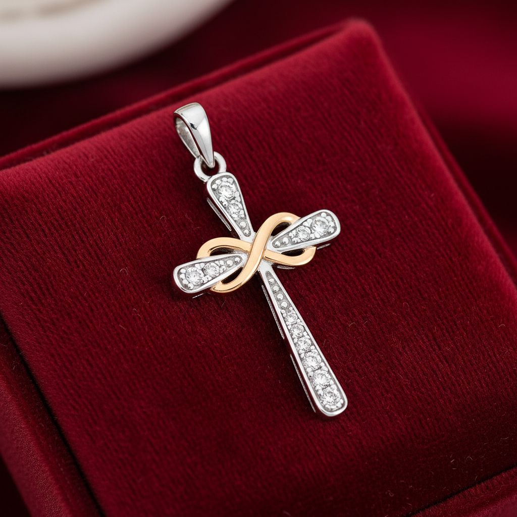 18ct Gold Infinity Cross Pendant on Solid Sterling Silver 925 Hallmark
