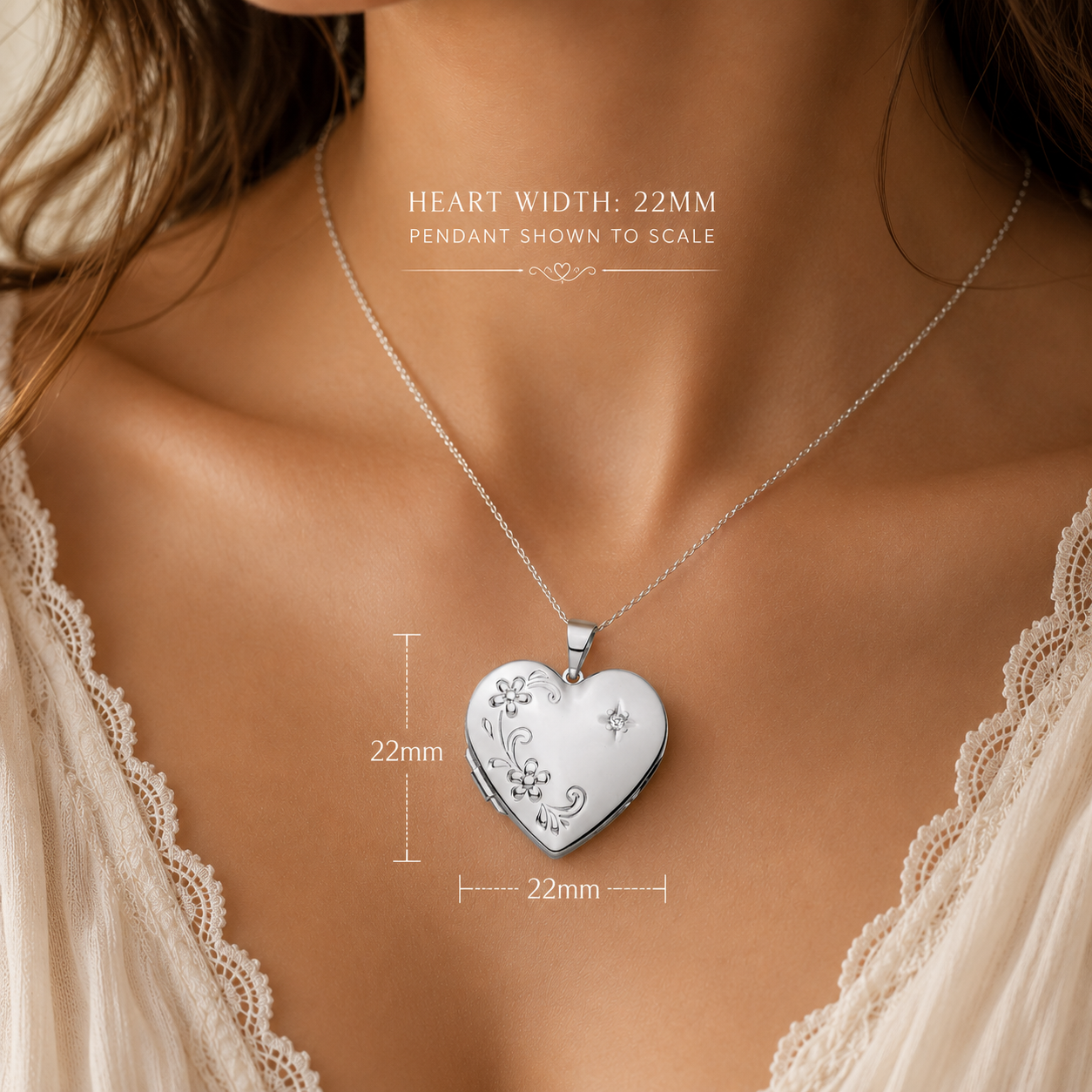 Heart Floral Locket Pendant with Natural Diamond Solid Sterling Silver 18" Chain