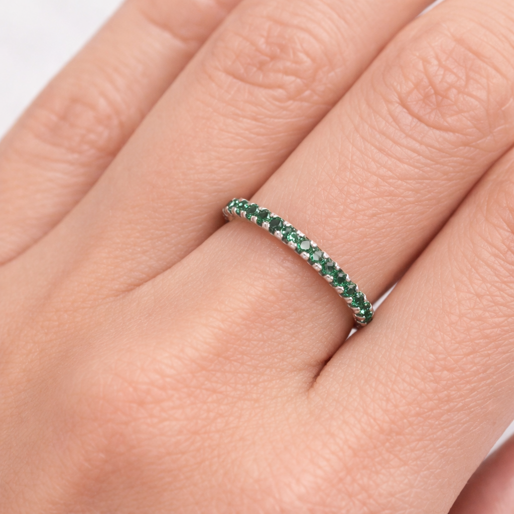 Sterling Silver Emerald Eternity Ring Anniversary Band 925 Hallmark Size K - S