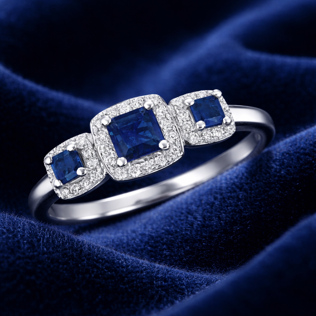 Sapphire and Diamond Trilogy Ring 9ct White Gold Three Stone Engagement