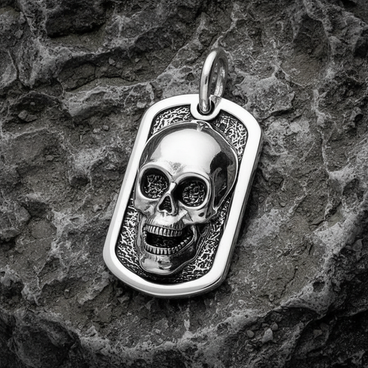 Oxidised Skull Dog Tag Pendant Men's 925 Solid Sterling Silver 925 Hallmarked