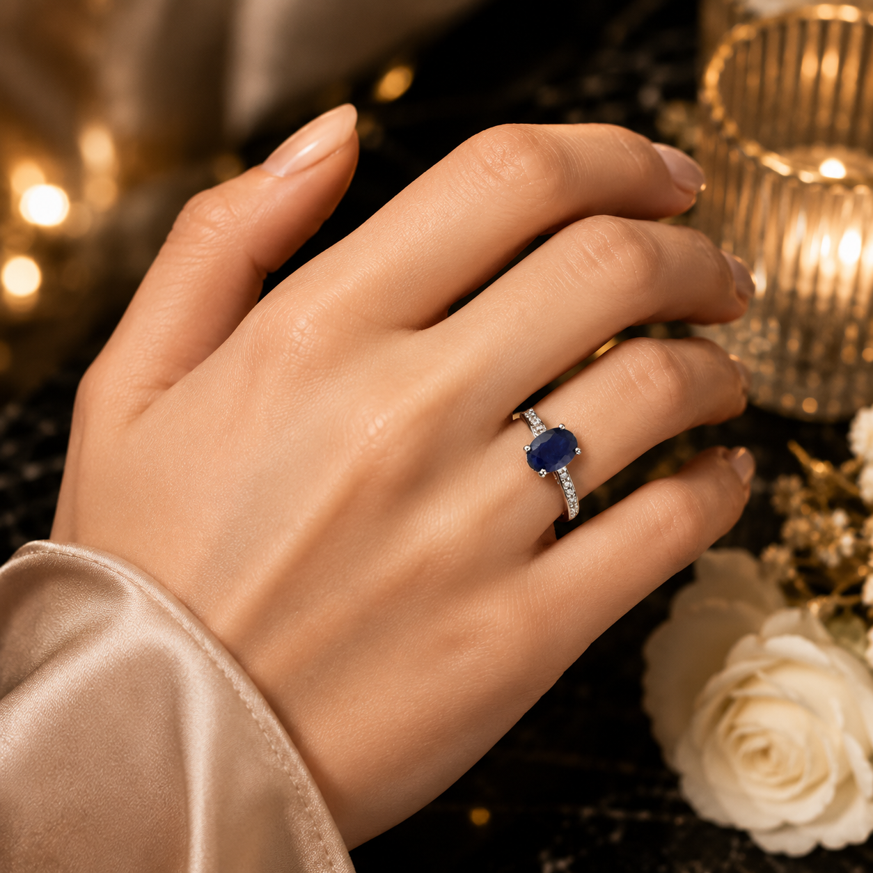 9ct White Gold Oval Sapphire & Diamond Solitaire Ring 375 Hallmarked