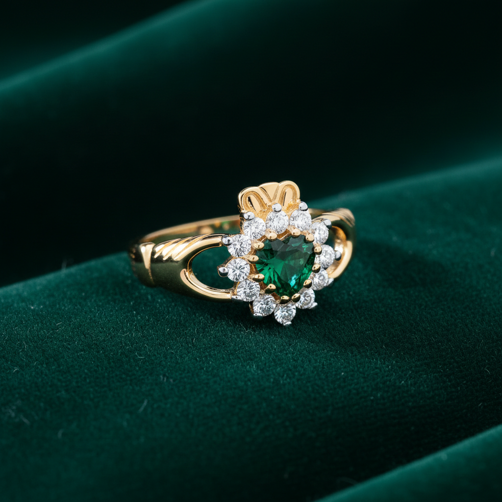 18ct Gold Emerald Claddagh Ring on Solid Sterling Silver 925 Hallmark
