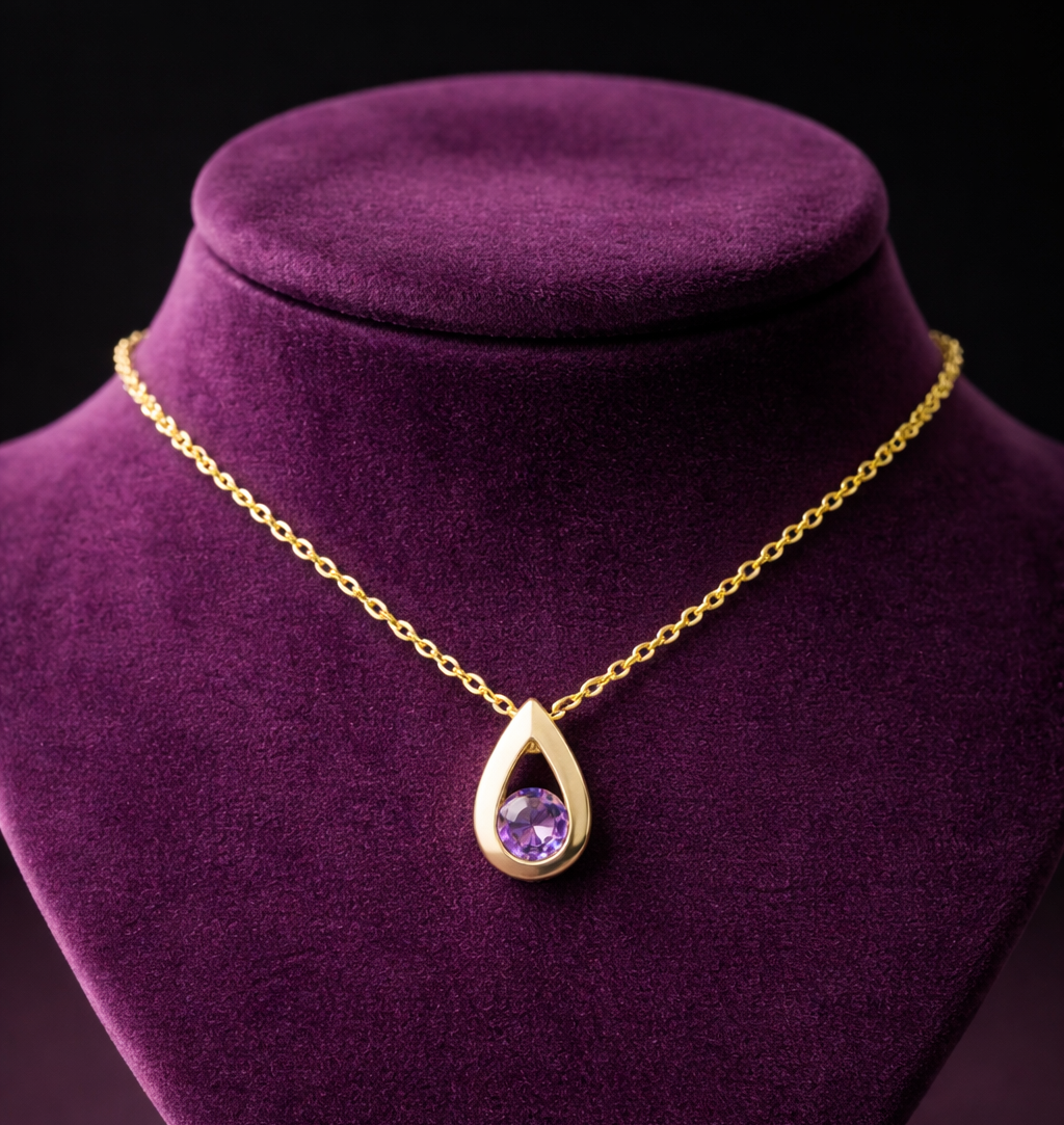 Natural Amethyst Teardrop Slider Pendant Solid Yellow Gold 18" 46cm Length Chain