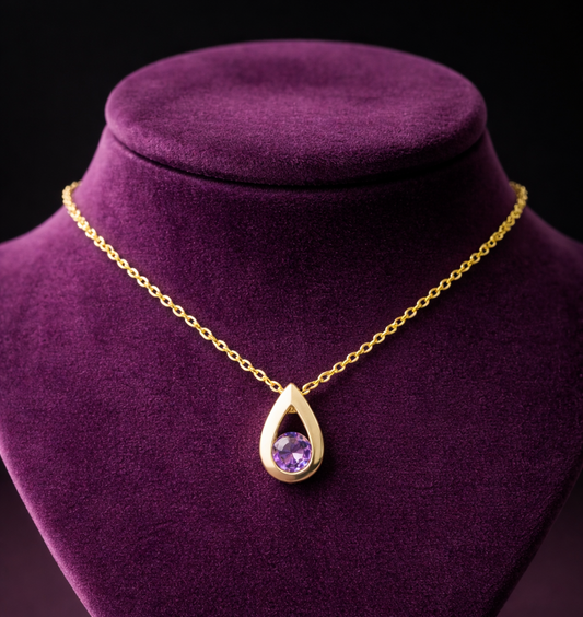 Natural Amethyst Teardrop Slider Pendant Solid Yellow Gold 18" 46cm Length Chain