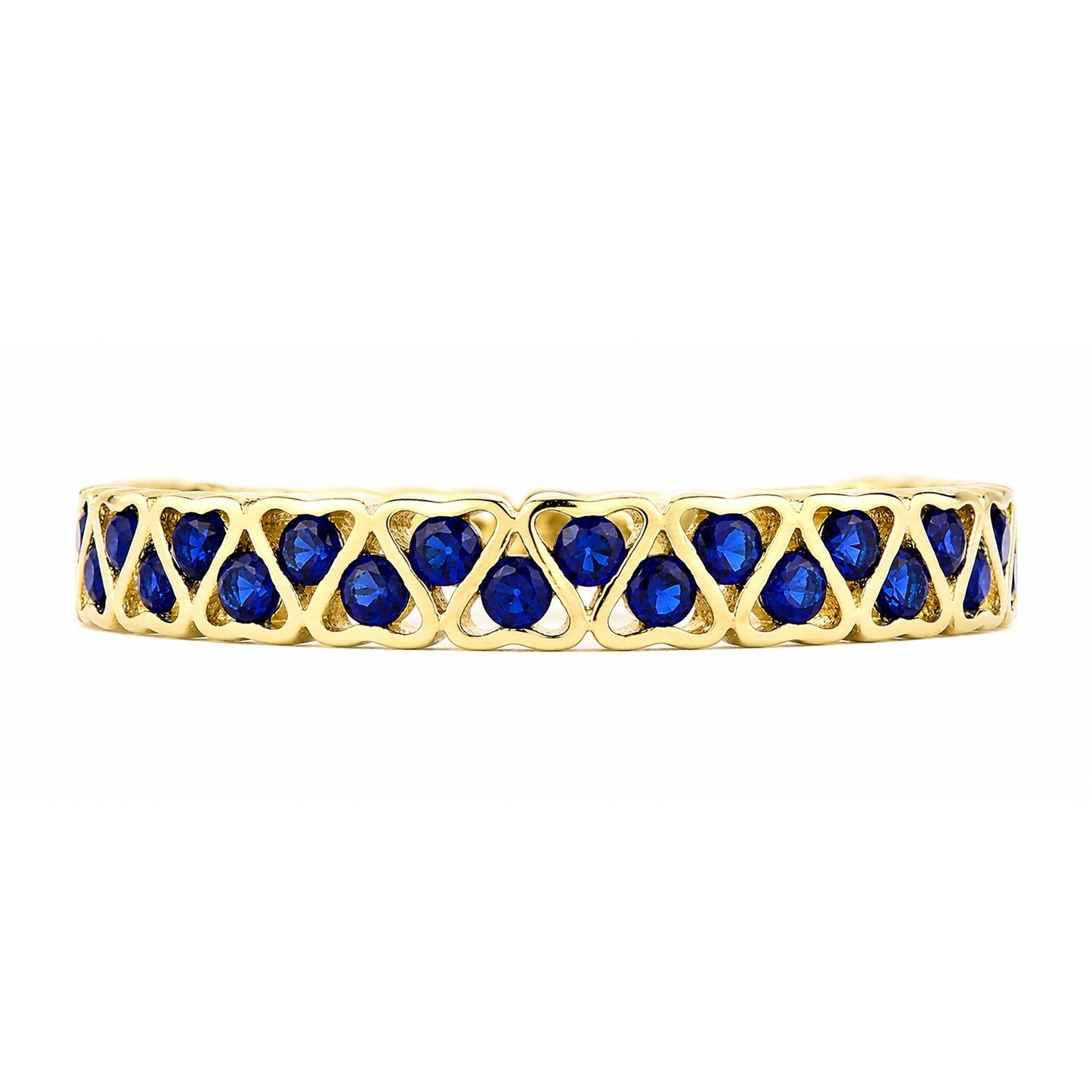 9k Yellow Gold Blue Sapphire Heart Eternity Band Stackable Ring