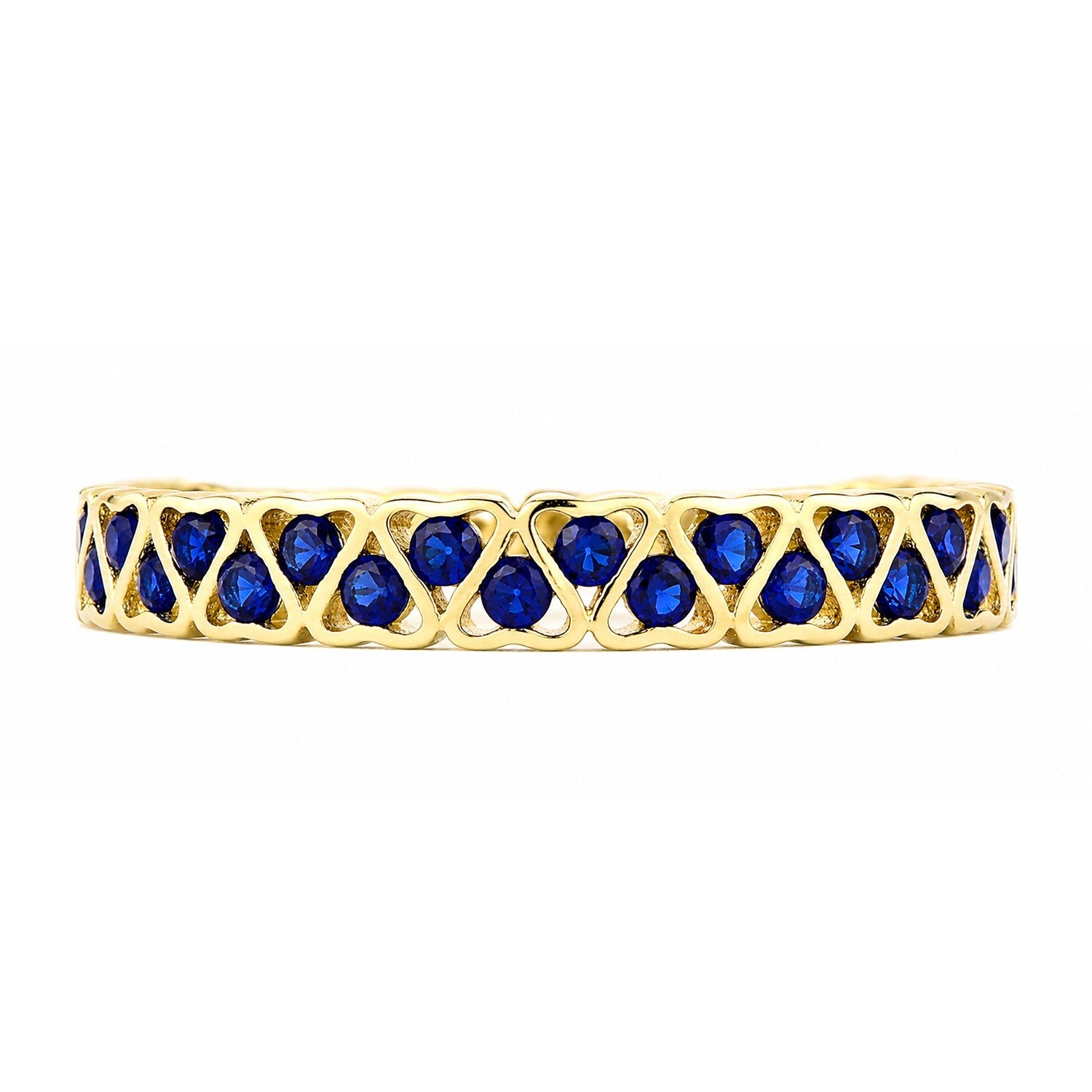9k Yellow Gold Blue Sapphire Heart Eternity Band Stackable Ring