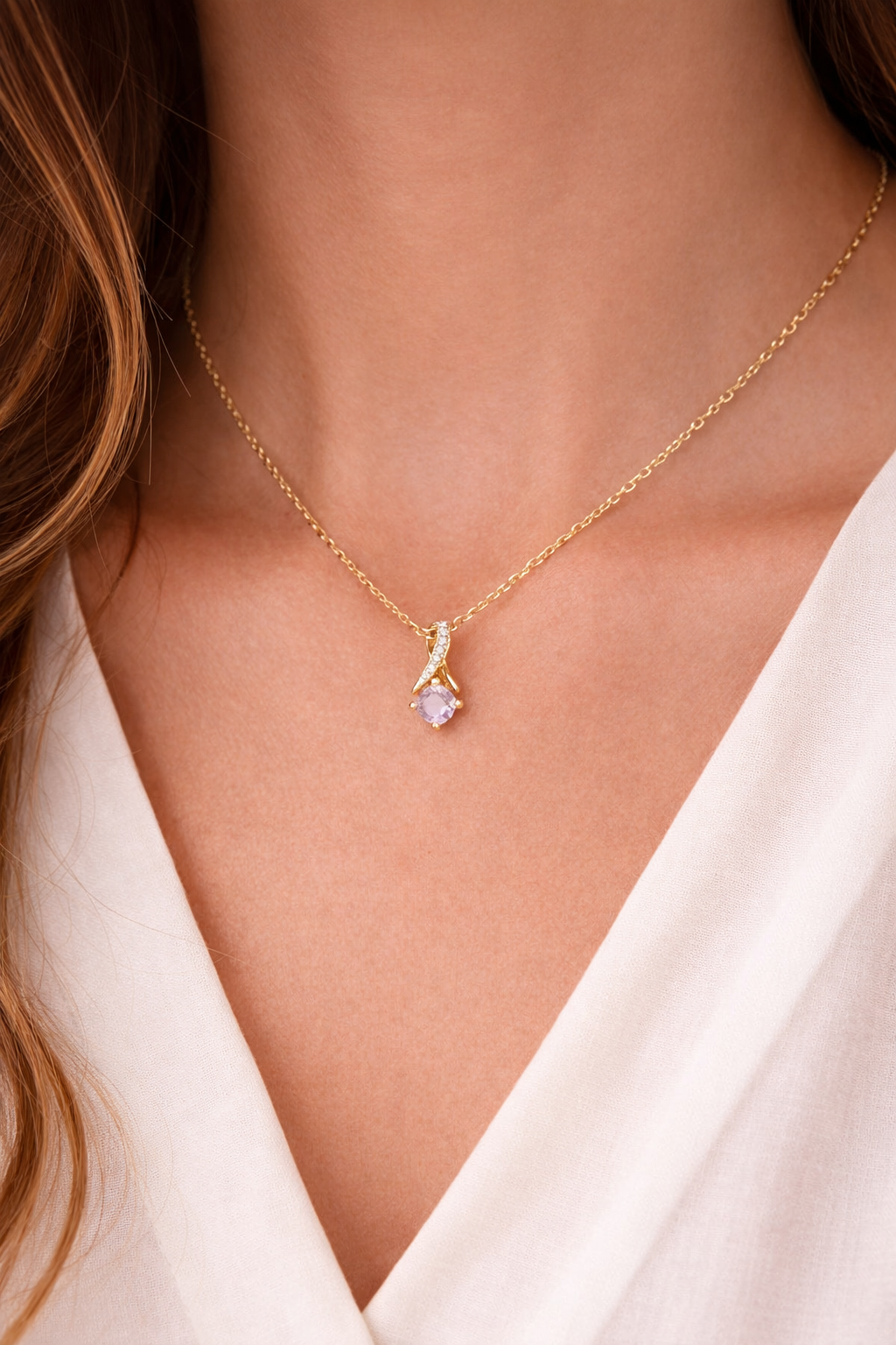 Amethyst Cushion Pendant Diamond Kiss Solid Yellow Gold 18" 46cm Length Chain
