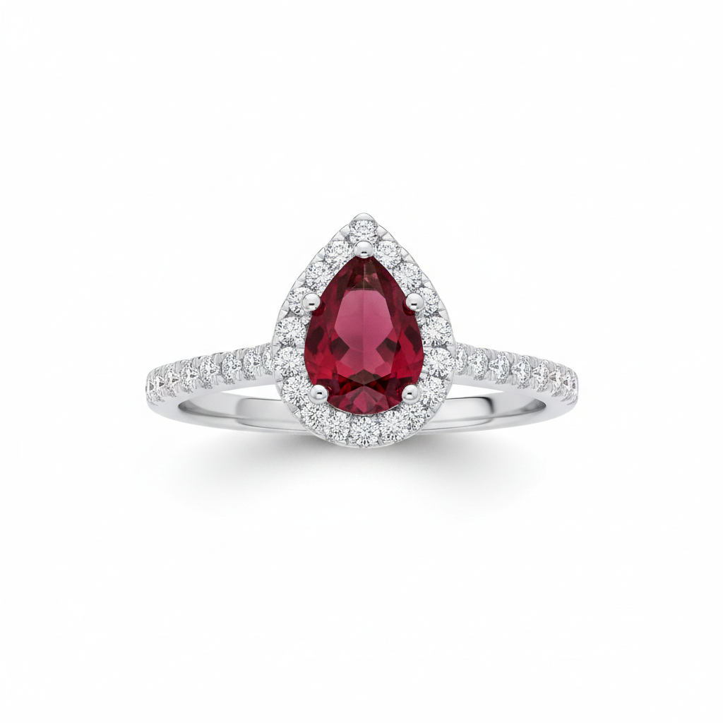 Sterling Silver Ruby Ring Pear Halo Engagement 925 Hallmark Size K-S
