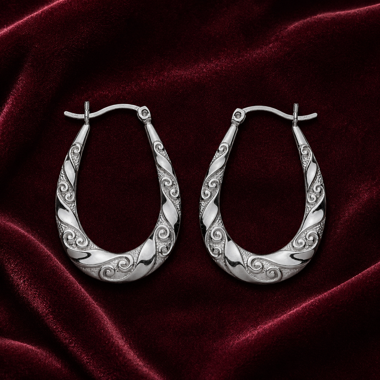 Scroll Oval Creole Hoop Earrings Sterling Silver 32mm 925 Hallmark