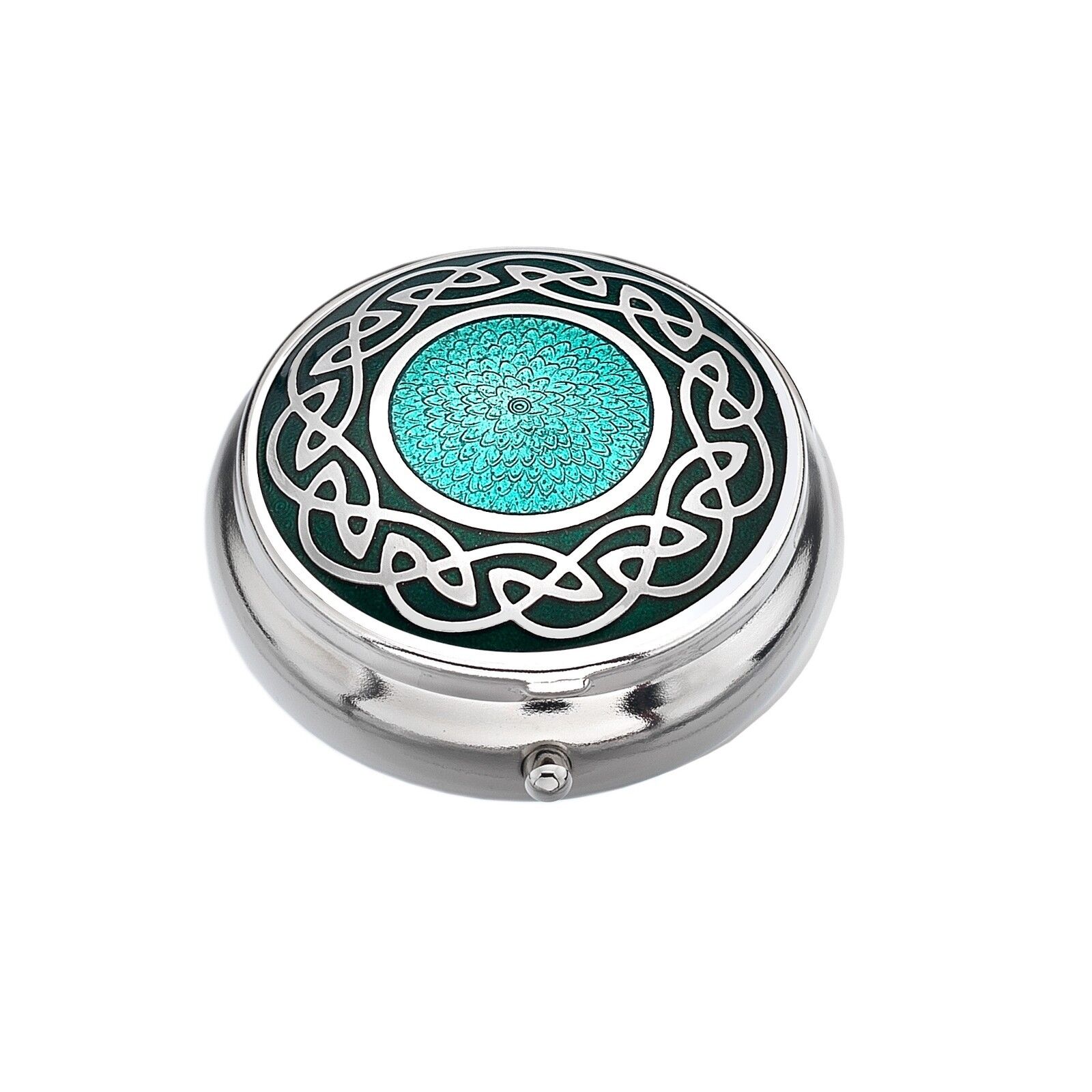 Pillbox Silver Plated Celtic Knot Solid Centre Green Brand New and Boxed