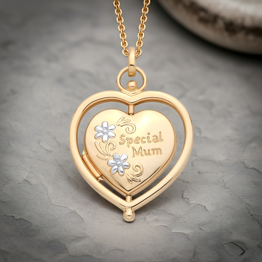 18ct Gold Mum Locket Spinning Heart on Solid 925 Sterling Silver 18" Chain