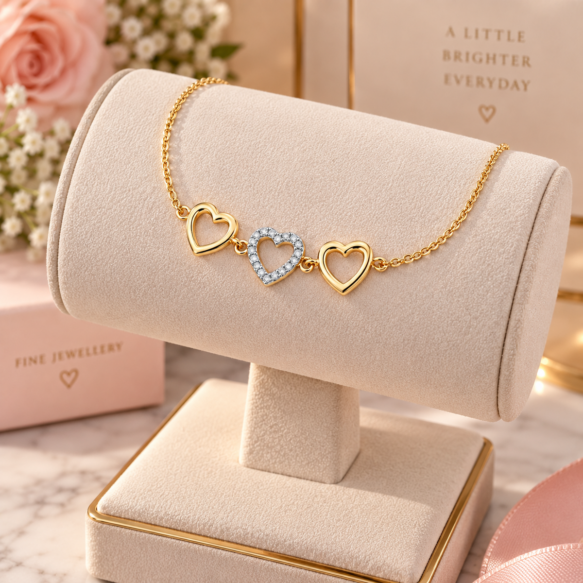 18ct Gold Triple Heart Charm Bracelet Adjustable on Solid Sterling Silver 925