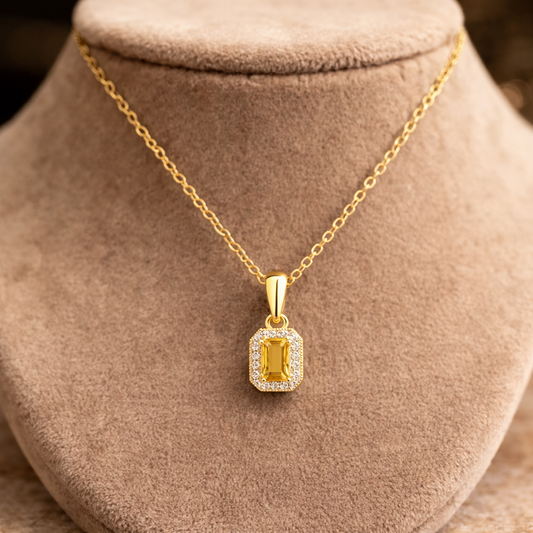 Real Citrine Pendant With Diamond Halo Solid Yellow Gold 18" 46cm Length Chain