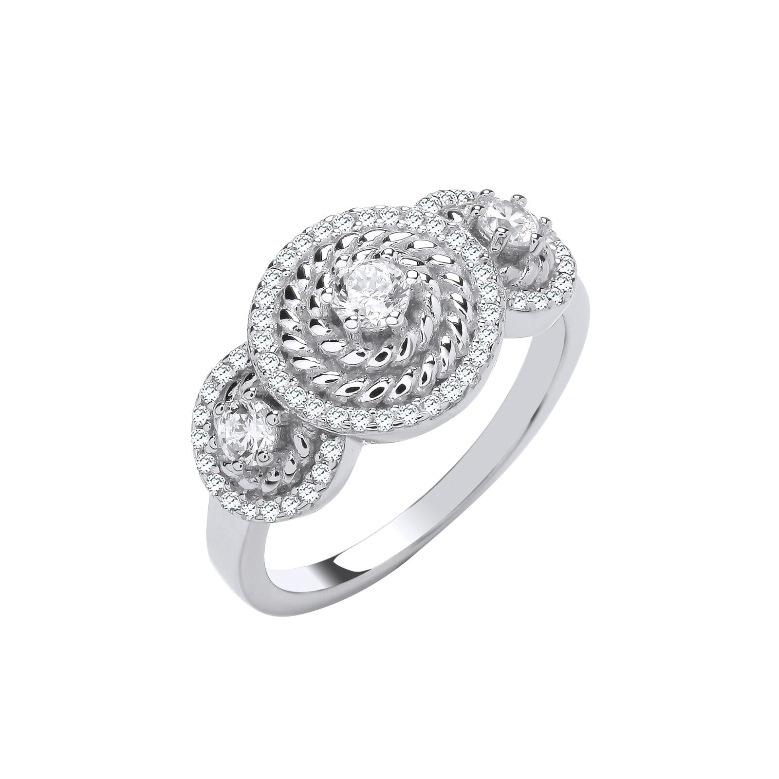 Solid Silver Trilogy Halo Zircon Ring Sizes J-Q British Made Silver 925 Hallmark