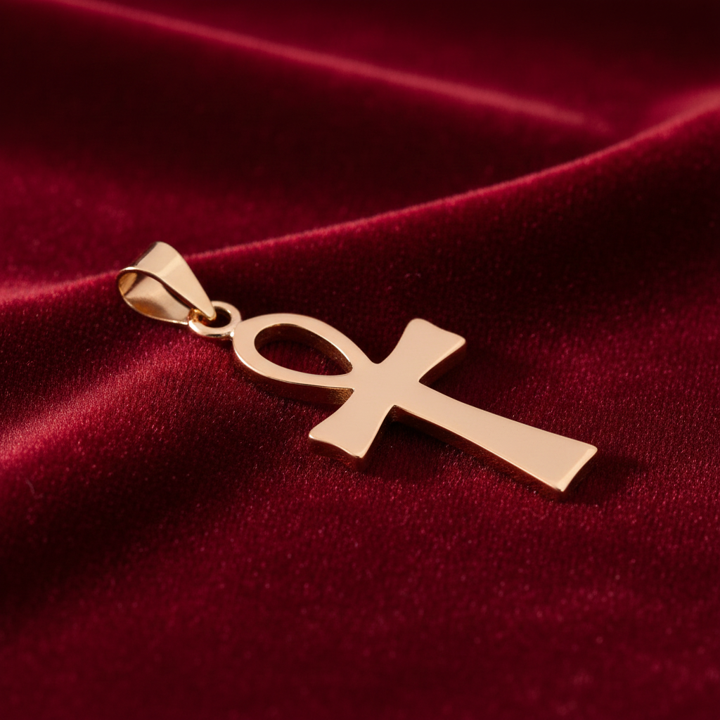 18ct Gold Ankh Cross Pendant on Solid Sterling Silver 925 Hallmark 36mm