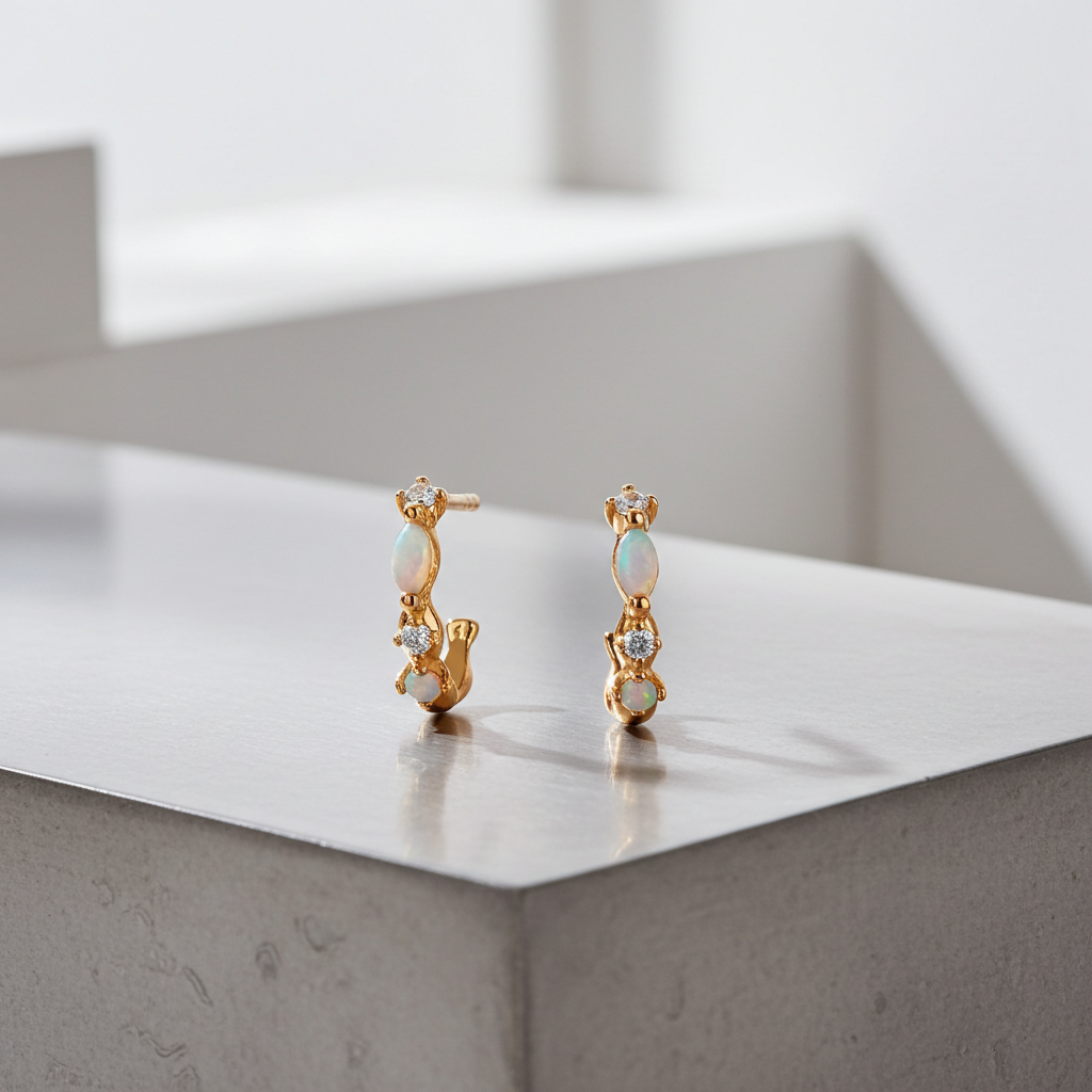 18ct Gold Opal Huggie Earrings on Solid Sterling Silver 12mm 925 Hallmark