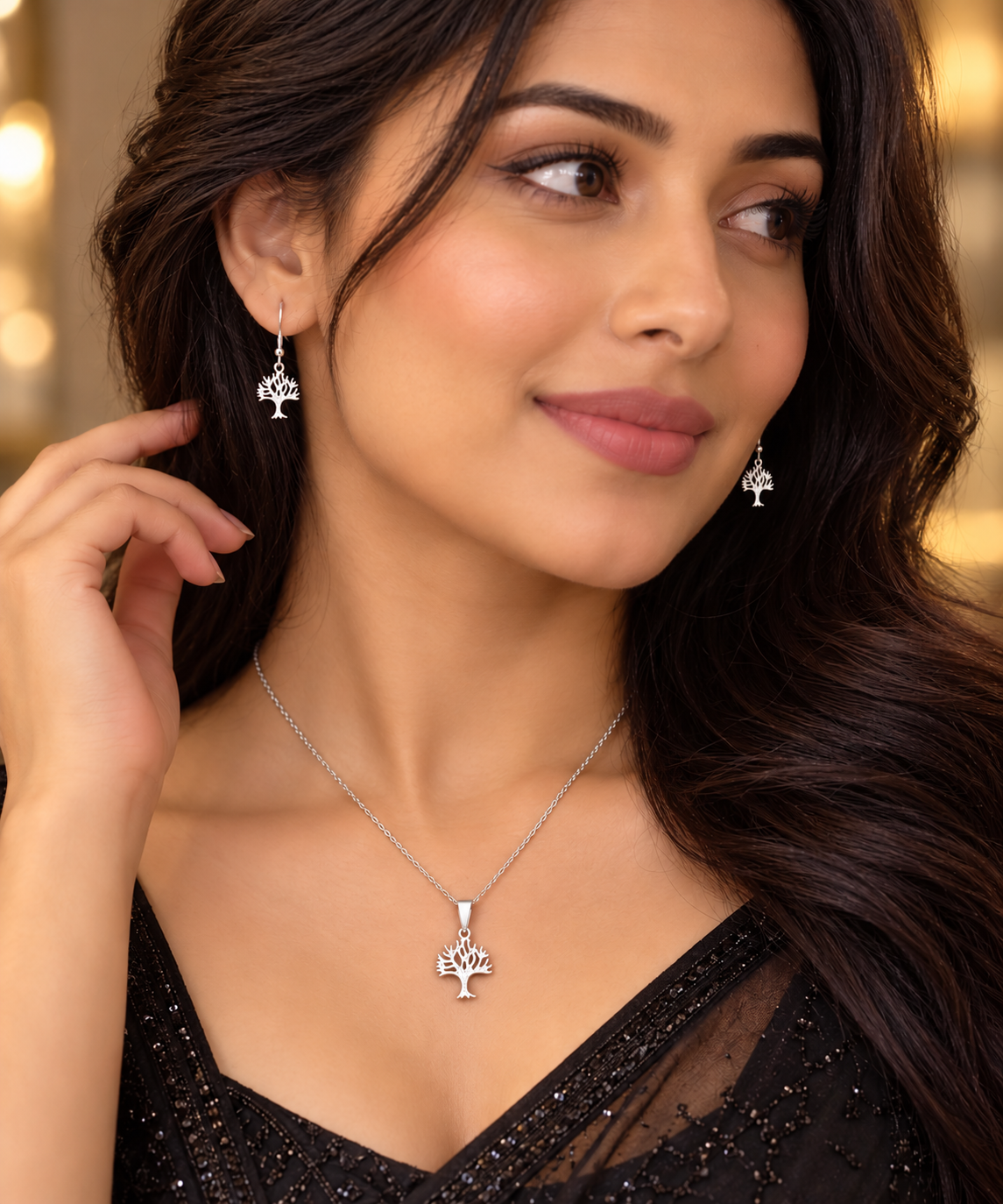 Tree of Life Pendant and Earrings Set Solid Sterling Silver 925 18" Chain