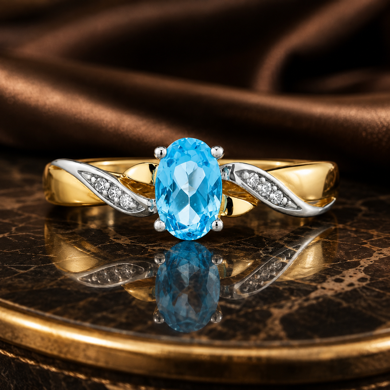 Blue Topaz & Diamond Oval Gemstone Ring Two Tone Yellow & White Gold