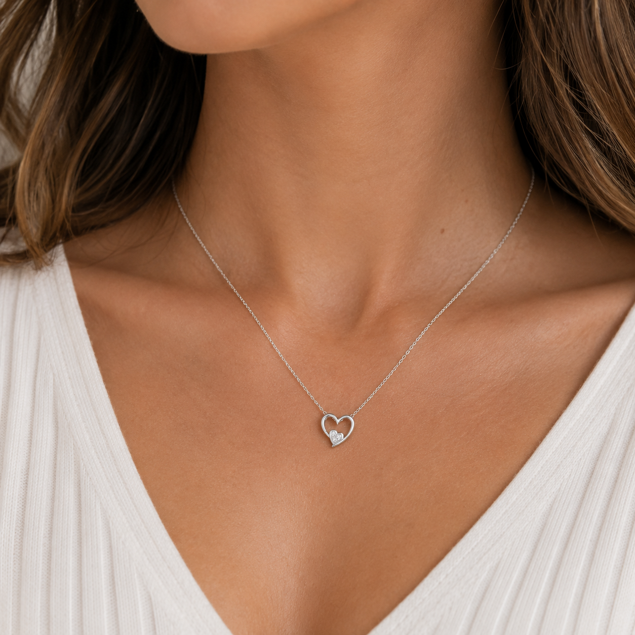 Natural Diamond Two Hearts Pendant White Gold 18" Chain Hallmark British Made