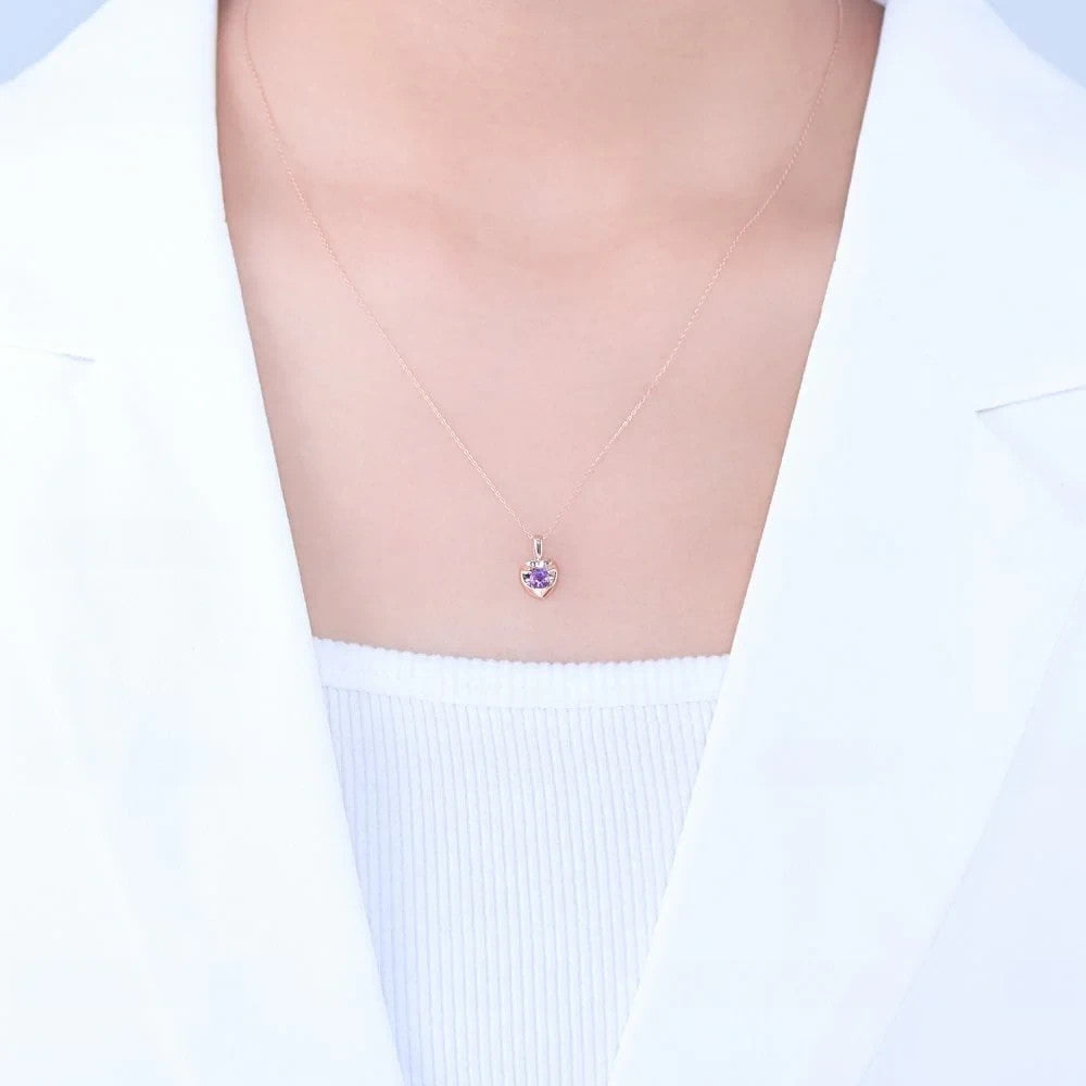 Natural Amethyst Heart Necklace Solid Rose Gold 18" 46cm Length Chain