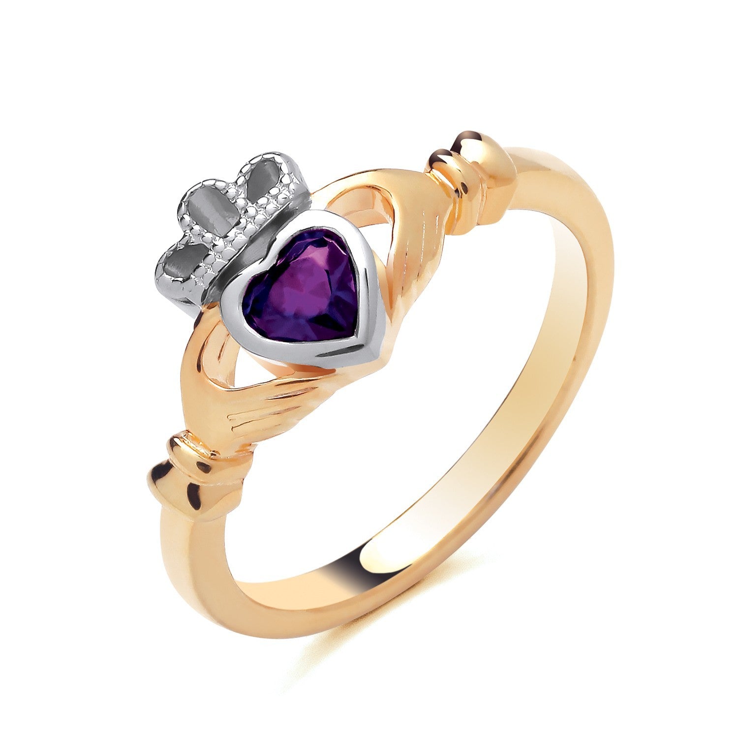 18ct Gold Amethyst Claddagh Ring on Solid Sterling Silver  925 Hallmark