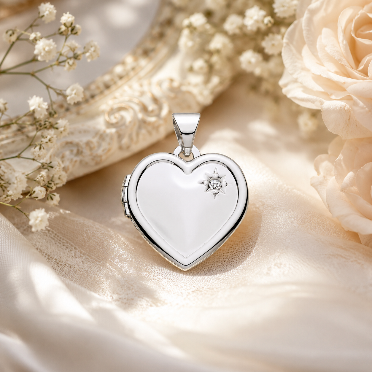 Sterling Silver Heart Locket Pendant with Natural Diamond 18" Chain