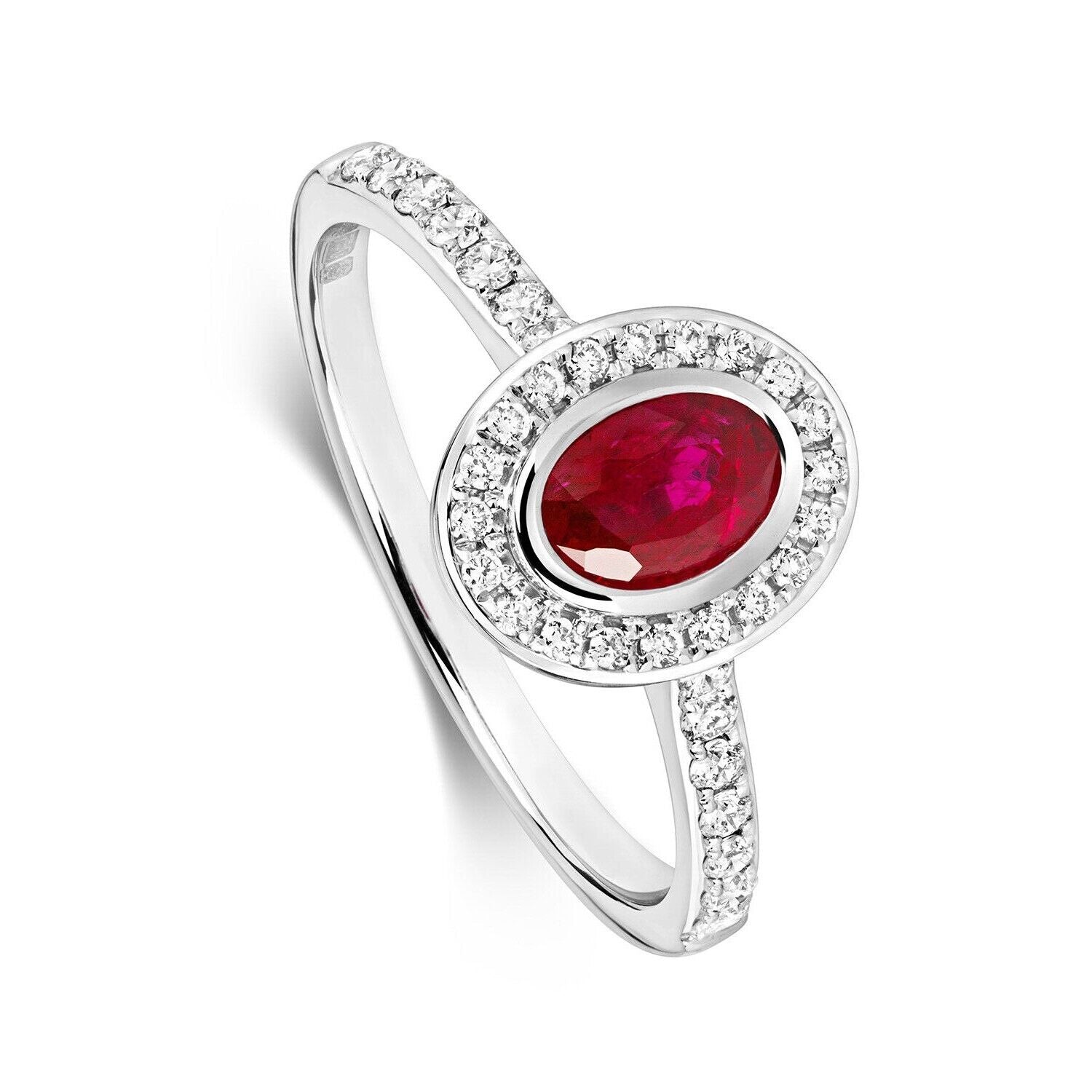Real Ruby and Diamond Ring 9ct White Gold Oval Cluster Halo Engagement