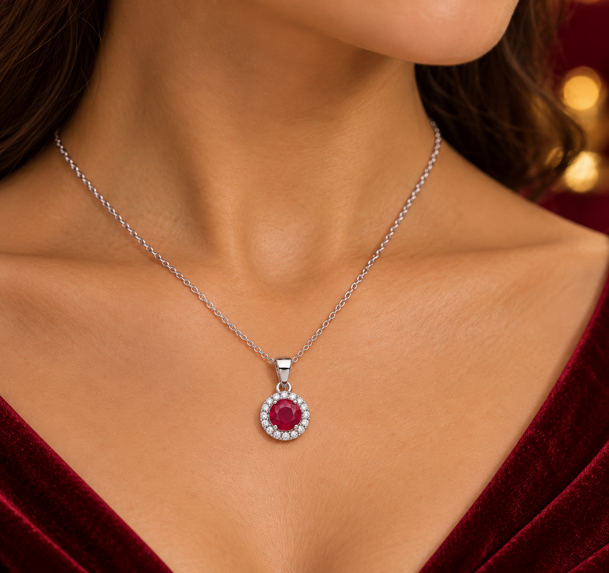 Elegant Ruby Round Pendant With Real Diamond Halo 9ct White Gold 18" Chain
