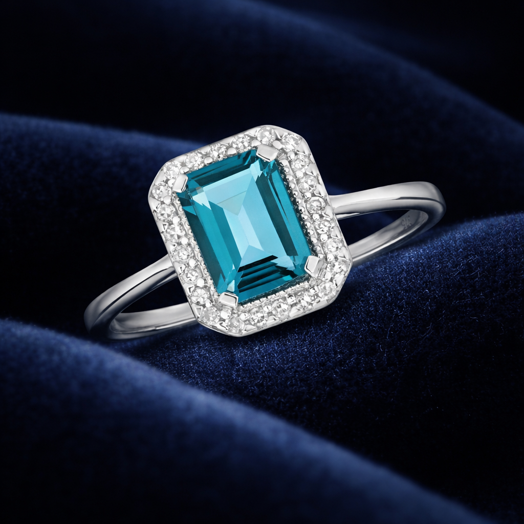 London Blue Topaz and Diamond Ring 9ct White Gold Emerald Cut Cluster Size J - Q
