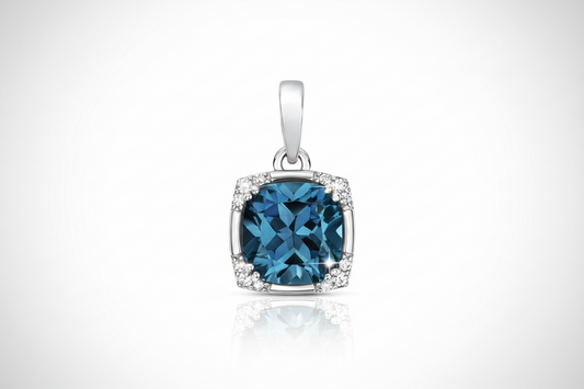 London Blue Topaz and Diamond Pendant White Gold Square Cushion Necklace