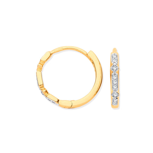 9ct Yellow Gold Round 0.08ctw Diamond Hoops Hallmarked 16mm Diameter