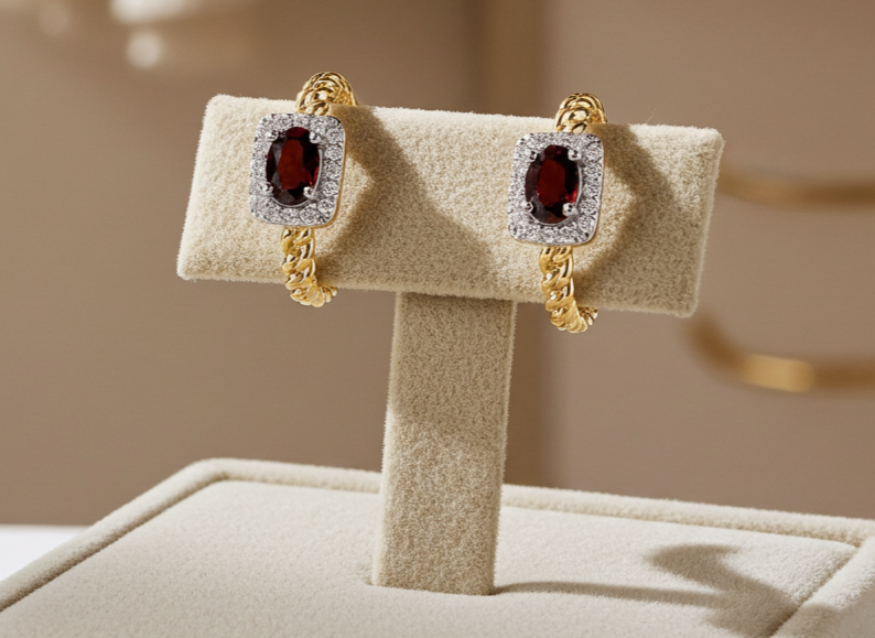 18ct Gold Ruby Hoop Earrings on Solid Sterling Silver 925 Hallmark